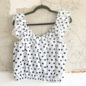 Vintage Tank Polka Dot Crop Top Ruffle Neck Bubble Hem Blouse 90s French Girl L